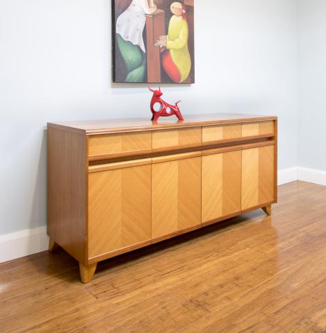 The way the teak timber veneer is used in this 1960's sideboard creates a striking result. It demonstrates that what can be created with timber veneers is only limited by the imagination of the craftsman.