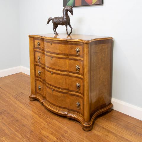 This magnificent Louis XV style chest of drawers (below) is made of solid walnut timber as well as the predominant use of walnut timber veneer as a back-drop to the darker, contrasting walnut veneer banding.