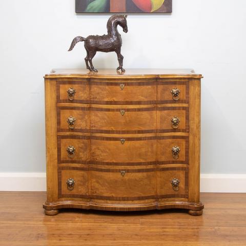 This magnificent Louis XV style chest of drawers (below) is made of solid walnut timber as well as the predominant use of walnut timber veneer as a back-drop to the darker, contrasting walnut veneer banding.